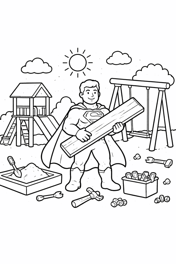 Superman helping rebuild a playground coloring page