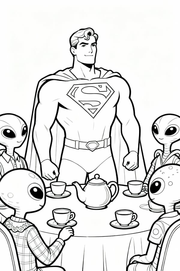 Superman hosting a tea party for aliens coloring page