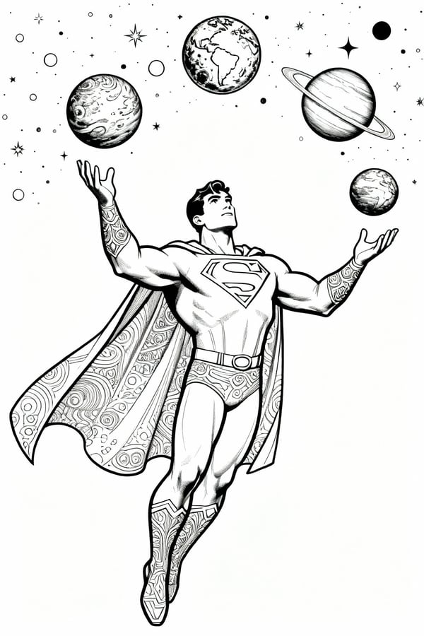 Superman juggling planets in space coloring page