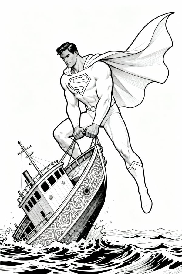 Superman lifting a sinking boat coloring page