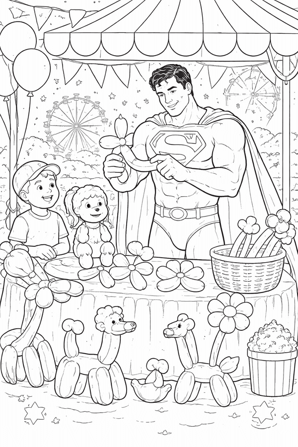 Superman making balloon animals at a fair coloring page