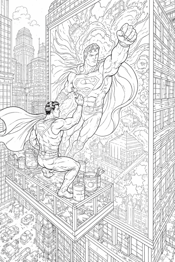 Superman painting a giant mural in the city coloring page