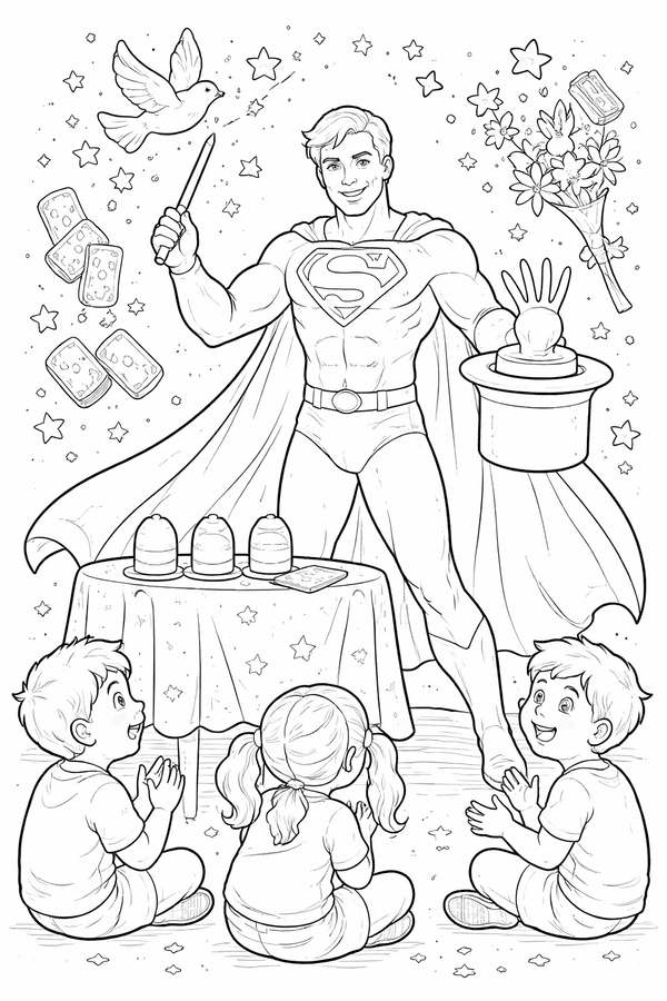 Superman performing magic tricks for kids coloring page