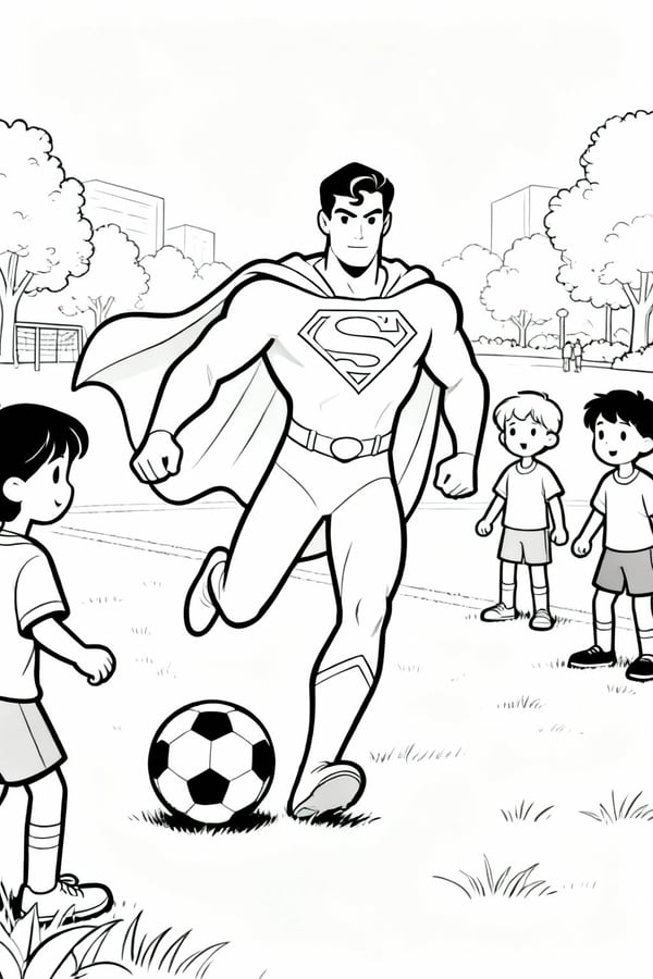Superman playing soccer with children in the park coloring page