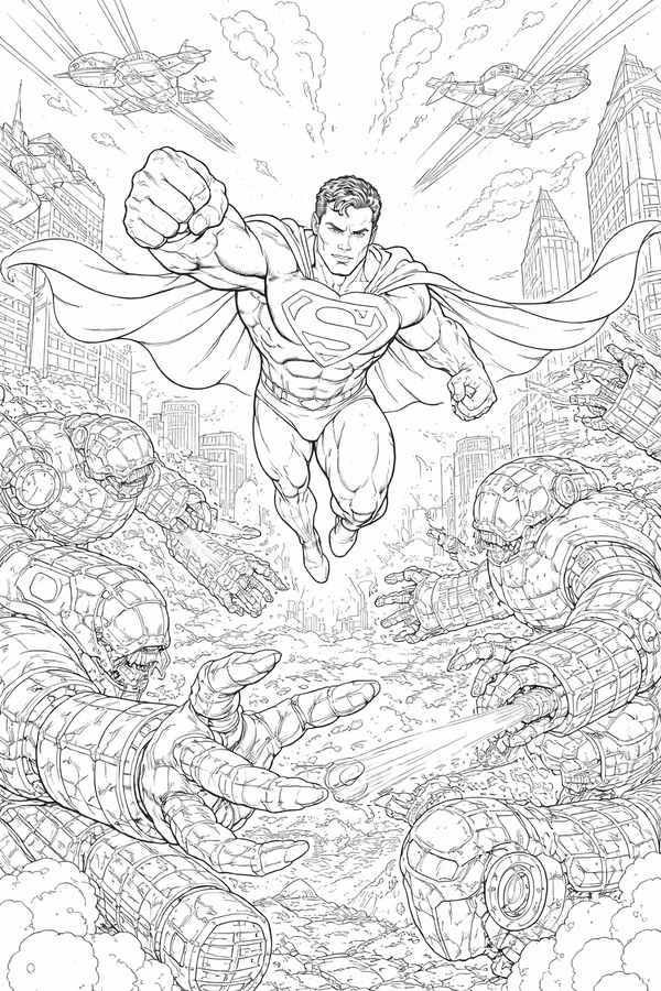 Superman protecting the city from robots coloring page