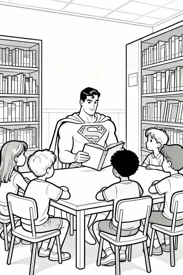 Superman reading to children at the library coloring page
