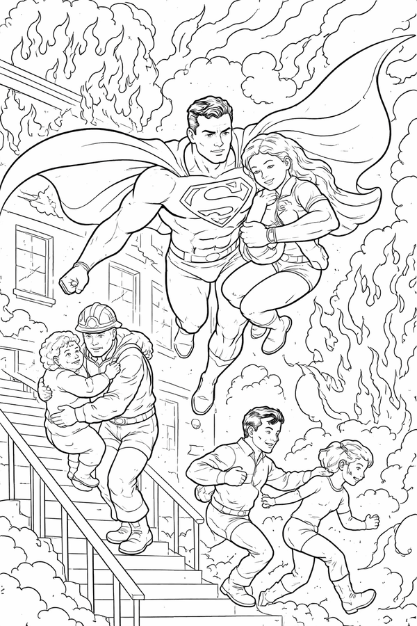 Superman rescuing people from a fire coloring page