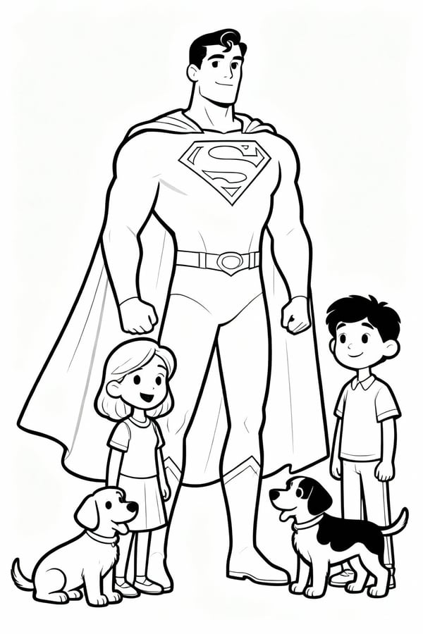 Superman reuniting lost puppies with a family coloring page