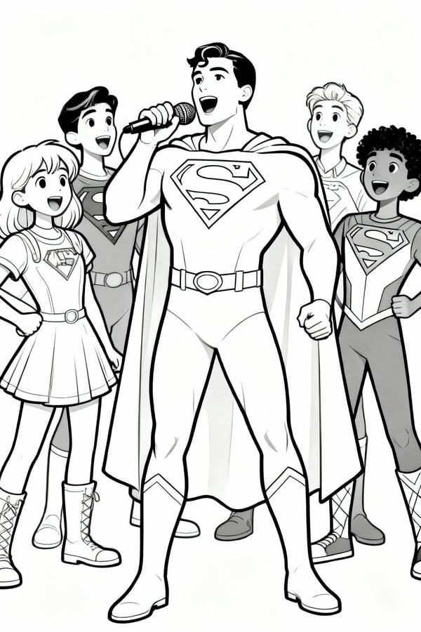Superman singing karaoke with Super Friends coloring page