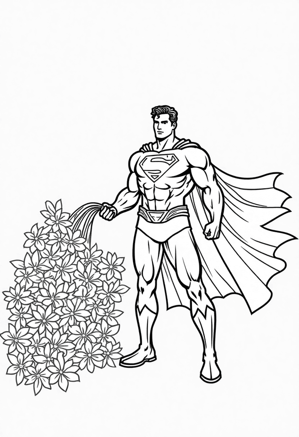 Superman watering flowers with super breath coloring page