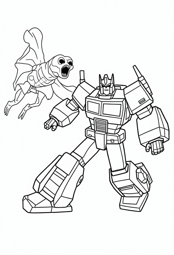 Optimus Prime battling a scary alien coloring page