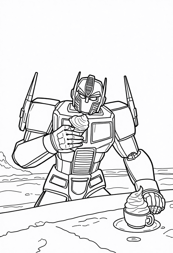 Optimus Prime eating ice cream on the beach coloring page