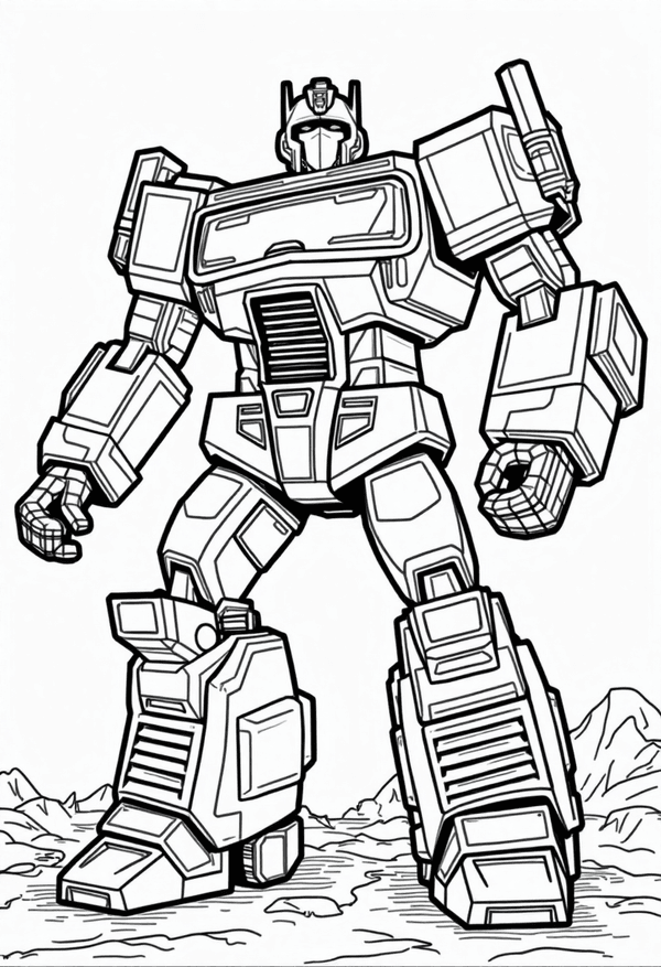Transformers exploring a Cybertronian wasteland coloring page