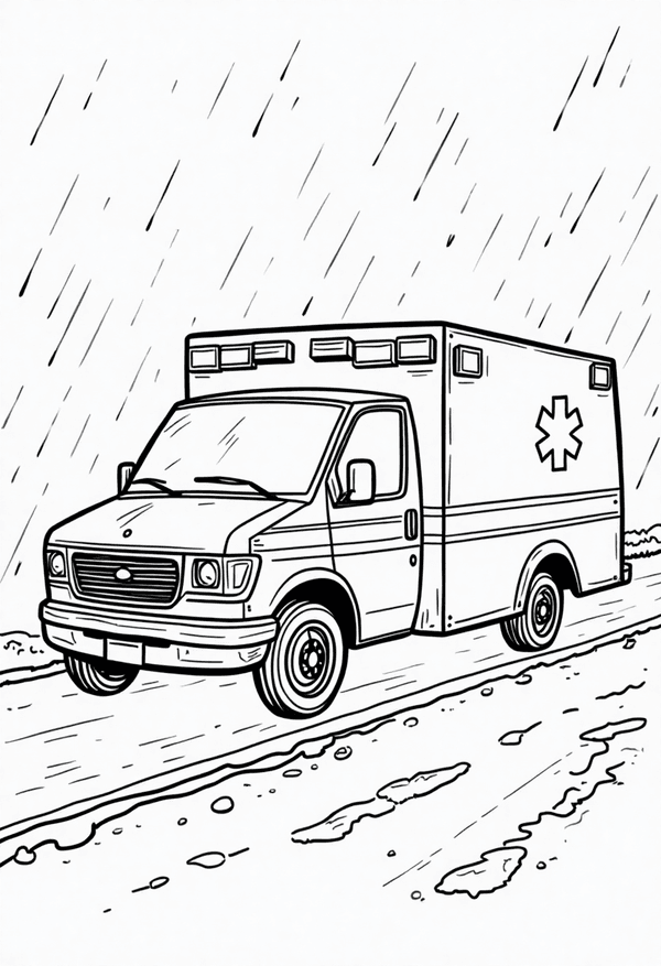 Ambulance driving through a rainy street coloring page