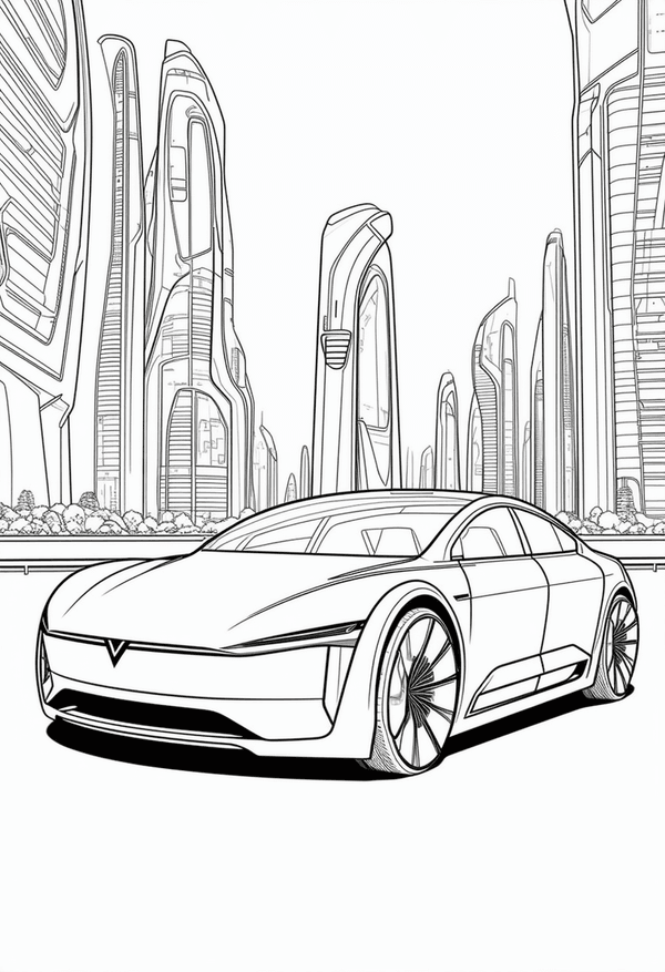modern electric cars in the future city coloring page