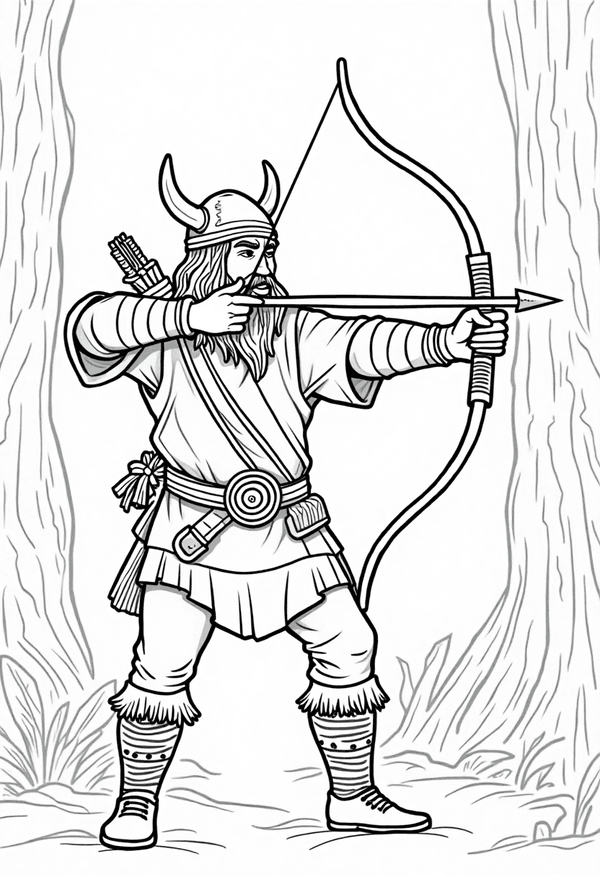 Viking archer practicing aim in the forest coloring page