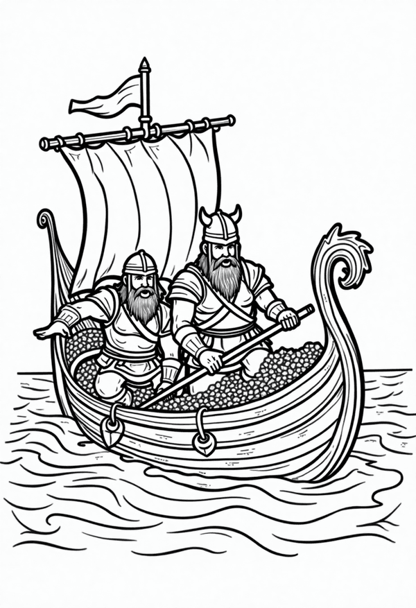 Viking warriors loading treasure on their ship coloring page