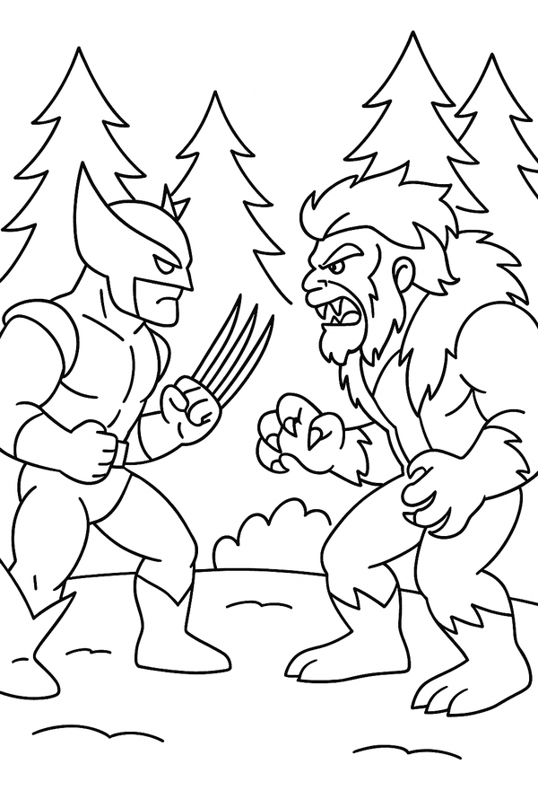 Wolverine facing Sabretooth in the forest coloring page