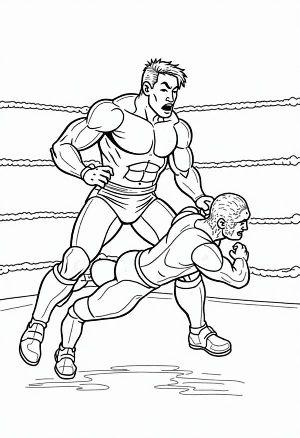 Superstar throwing an opponent over the ropes coloring page