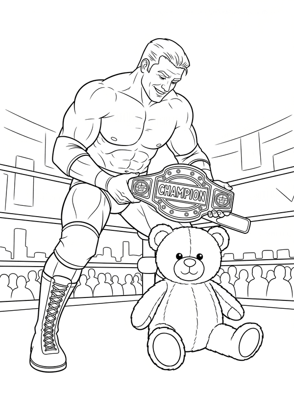 Wrestler giving a teddy bear a championship belt coloring page