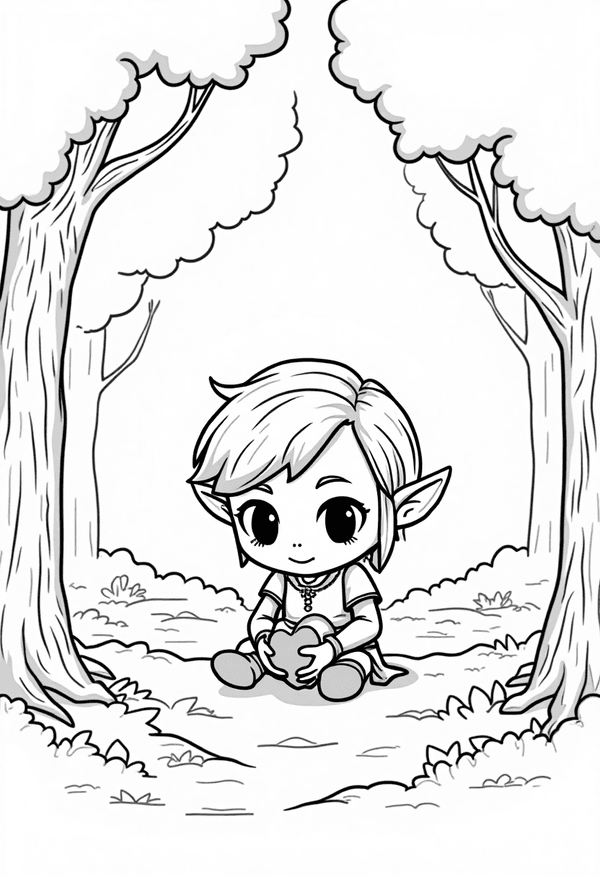 Link finding a Heart Container in the woods coloring page