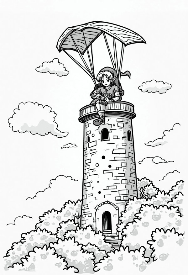 Link gliding from a tower with a paraglider coloring page
