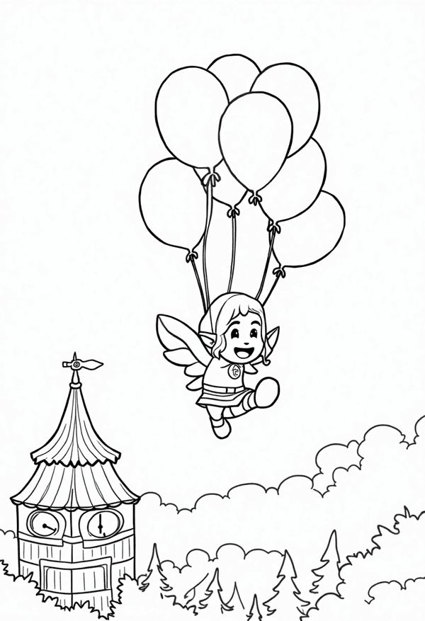 Tingle floating with balloons over Clock Town coloring page